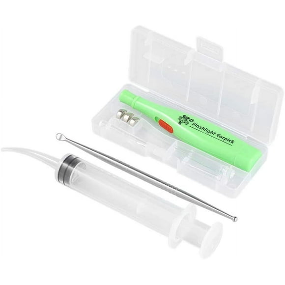 Heallily Kit Stainless Steel Earpick Ear Wax Cleaner Syringe Ear Cleaner (Spoon Random Color, Bent Syringe with Scale)