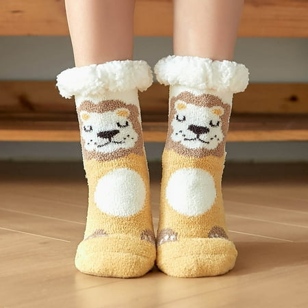 

KEYBANG Socks Women Print Thickened Fleece Non-slip Winter Carpet Socks Floor Socks Snow Socks Yellow (Buy 2 Get 1 Free)