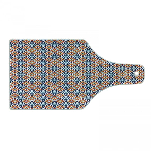 Ethnic Cutting Board, Oriental Geometric Composition with Ornamental Colorful Composition of Rhombuses, Tempered Glass Cutting and Serving Board, Wine Bottle Shape, Multicolor, by Ambesonne