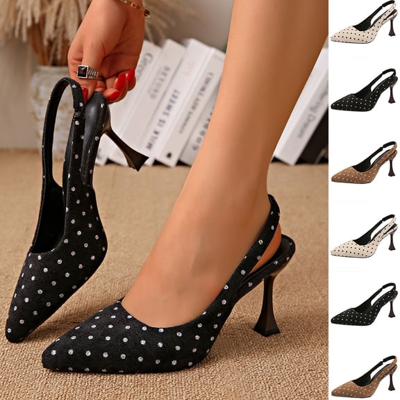 Women's Slingback Kitten Heels Closed Pointed Toe Backless Wedding Party Dress Pumps Shoes Adjustable Ankle Strap Daily Party Work Shoes Polka Dots Black-A