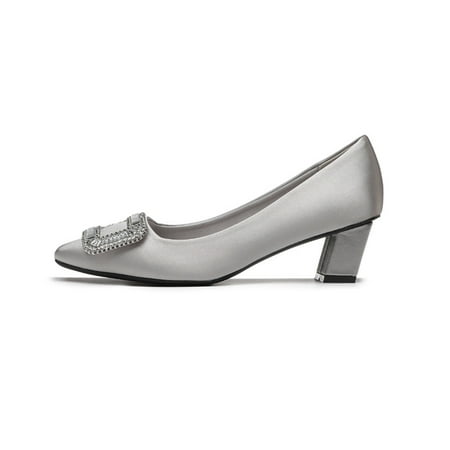 Spring and Autumn New RV Shallow Mouth Square Thick Heel High Heels Silk Satin Flat Mid Heel Square Buckle Rhinestone Shoes for Women
