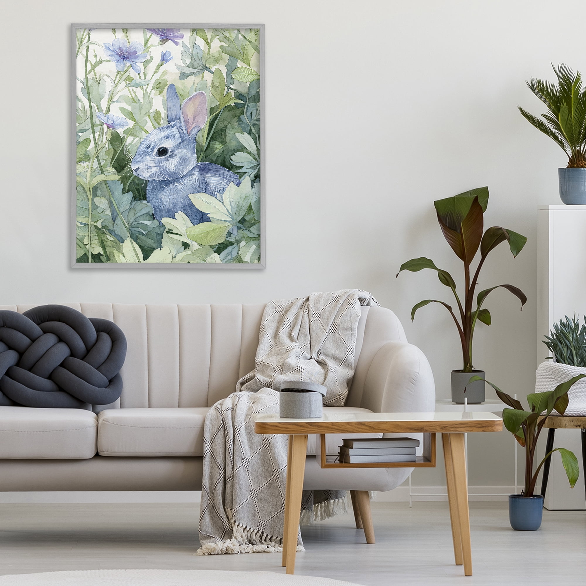 Stupell Industries Blue Bunny Among Leaves Gray Framed Giclee Art, design by Franklyn Gregory