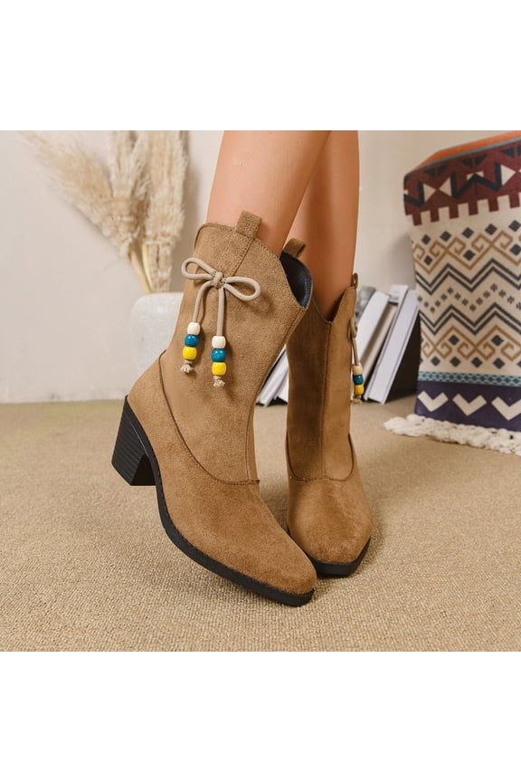 Winter Suede Mid-Calf Boots for Women  Pointed Toe Medium Block Heel with Bow & Bead Decorations, Stylish Casual Footwear for Winter