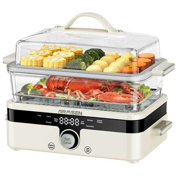 AIRMSEN 8-in-1 Glass Food Steamer for Cooking, 1200W Electric Vegetable Steamer with Removable Water Tank, 12H Delay Start & Auto Warm Mode, BPA-Free, TL1230