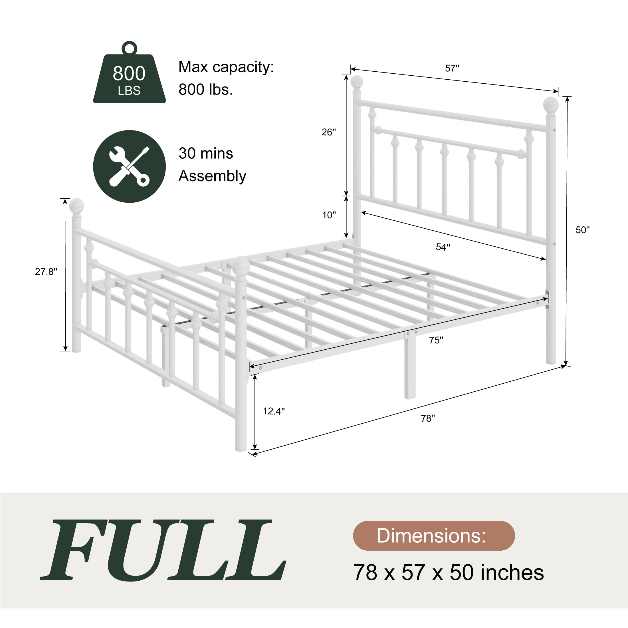 Amolife Full Bed Frame, Metal Platform Bed Frame with Vintage Pattern Headboard, White