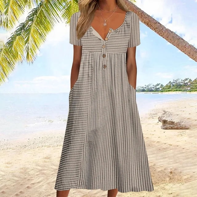 Jienlioq Robe de Soirée pour Femmes Col en V Manches Courtes Longue Rayée Ample Décontractée et Confortable avec Poches