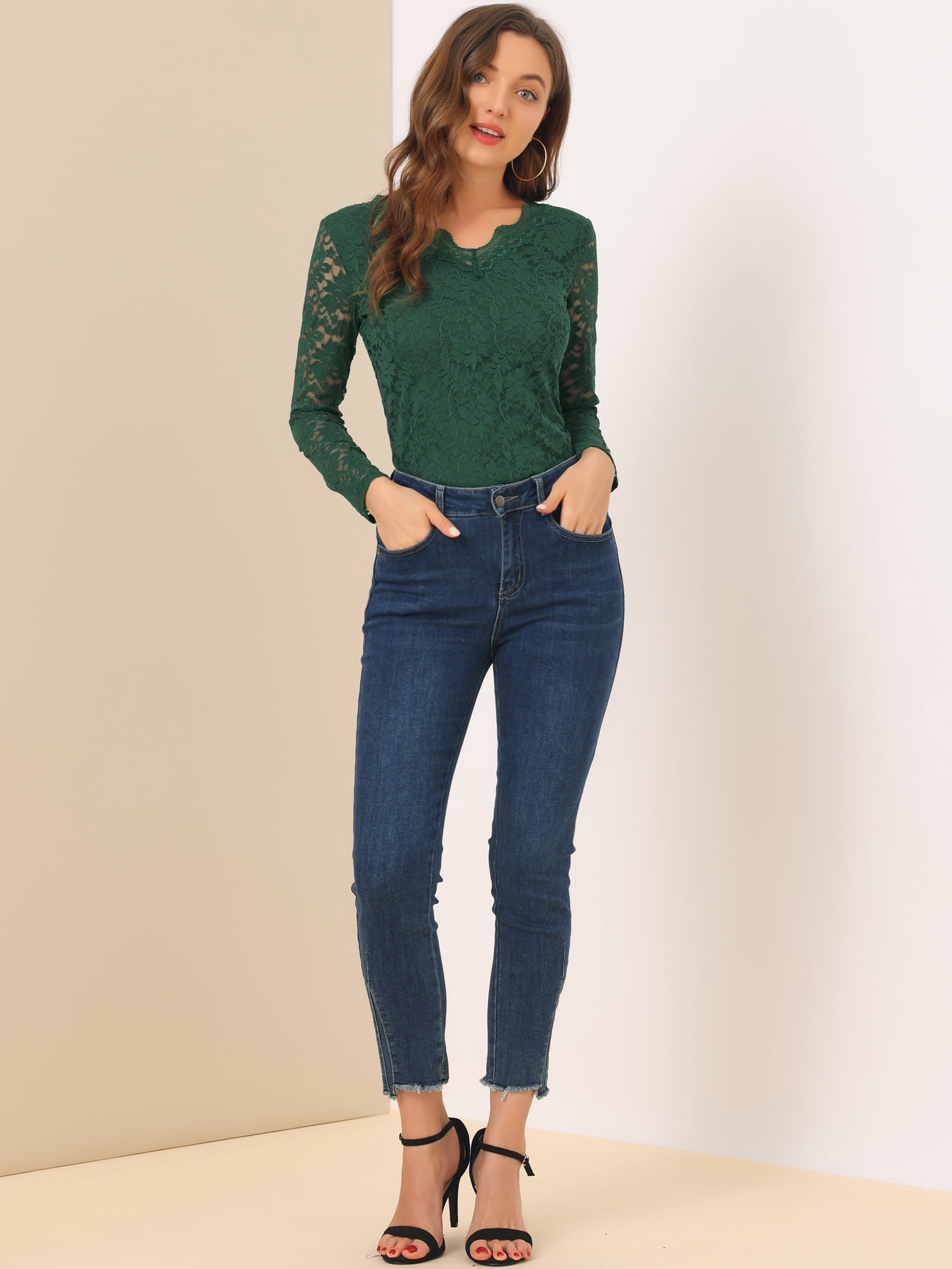 DARING DIVA Floral Lace Shirt Lace Scalloped Trim Blouse M Dark Green