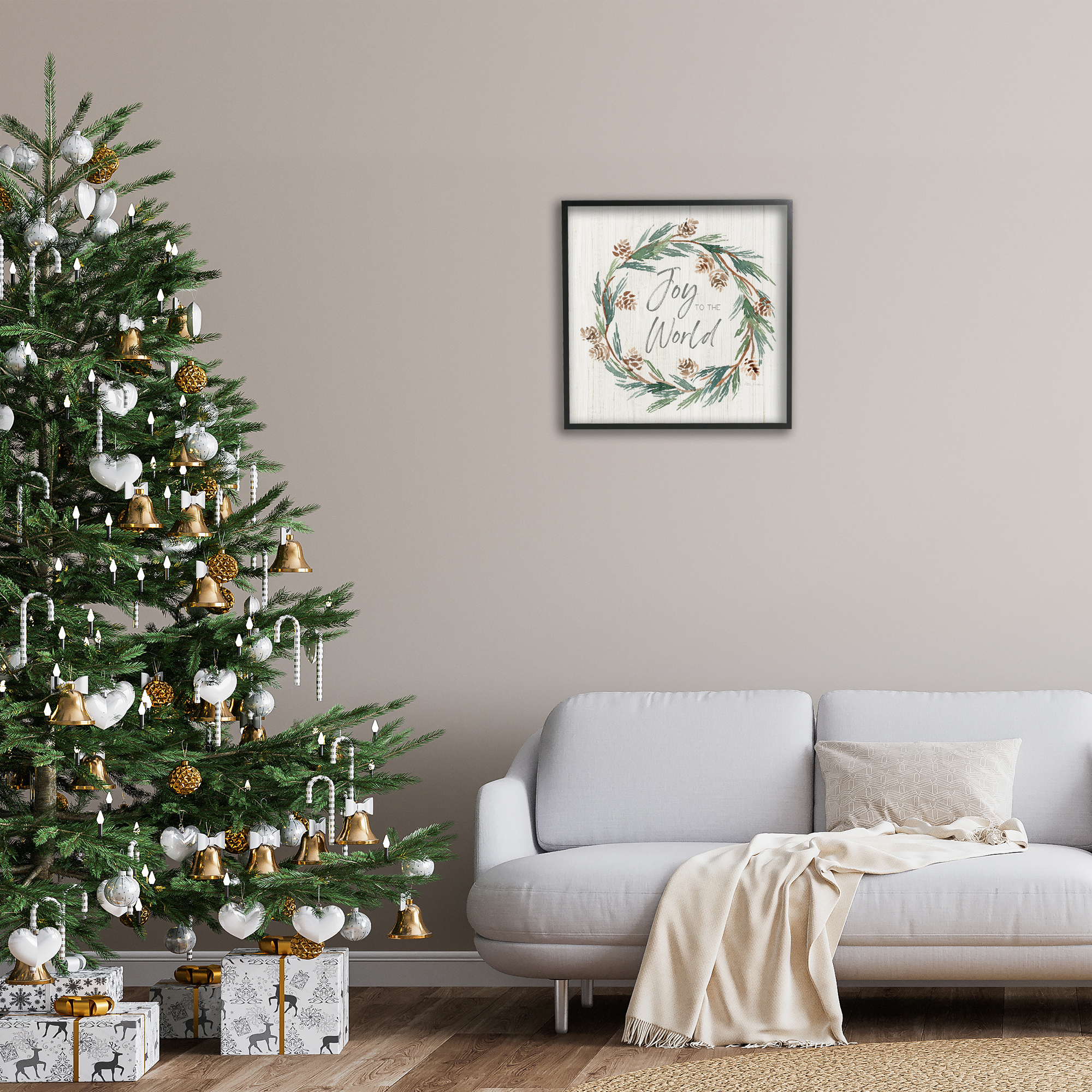 Stupell Industries Joy Pinecone Wreath Holiday Painting Black Framed Art Prints Wall Art, 24 x 24