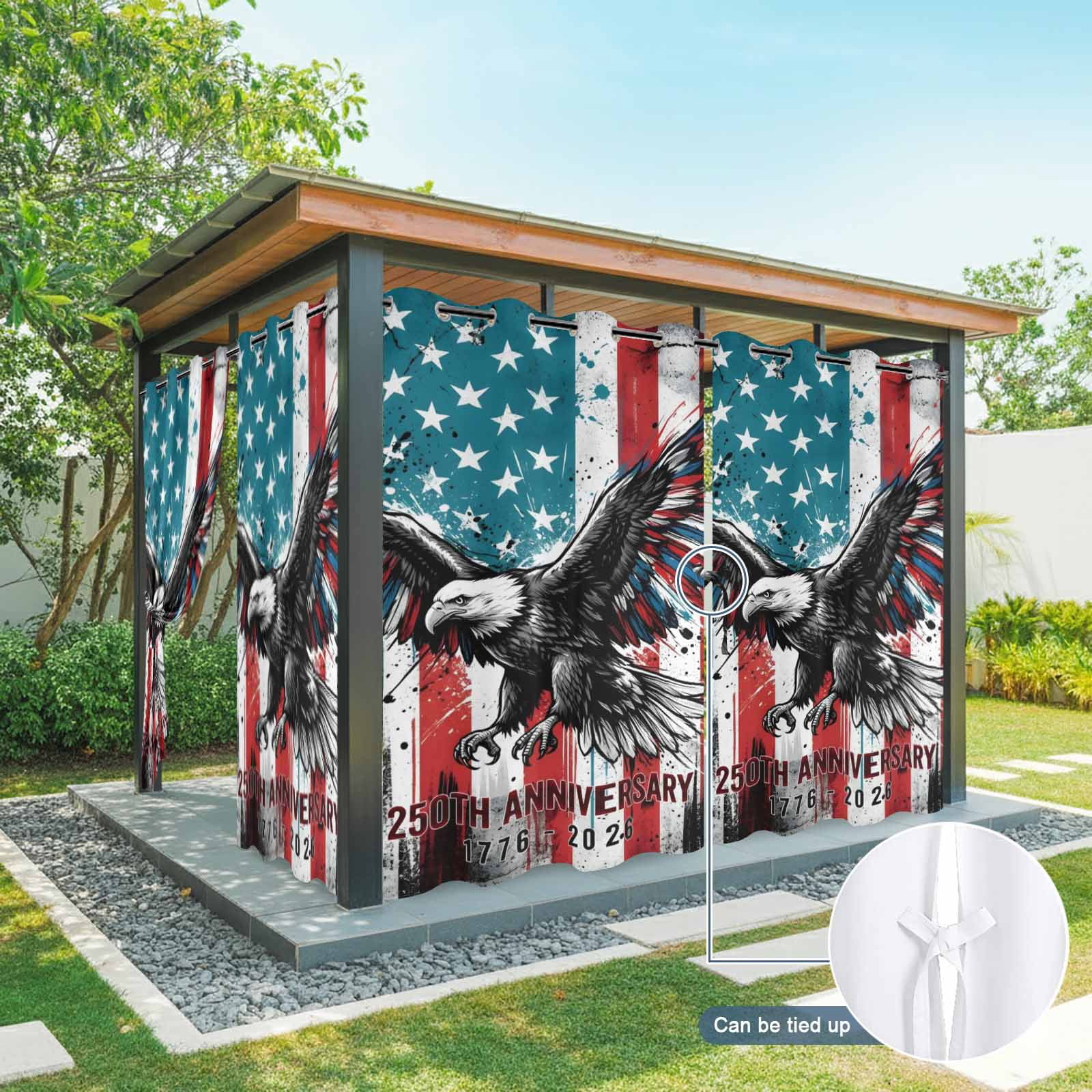 Independence Day Outdoor Curtains for Patio, American Flag Bald Eagle 250th Anniversary Sunshade Privacy Drapes Grommet Waterproof Outside Curtains for Porch/Cabana/Balcony 54"x 108", 1 Panel