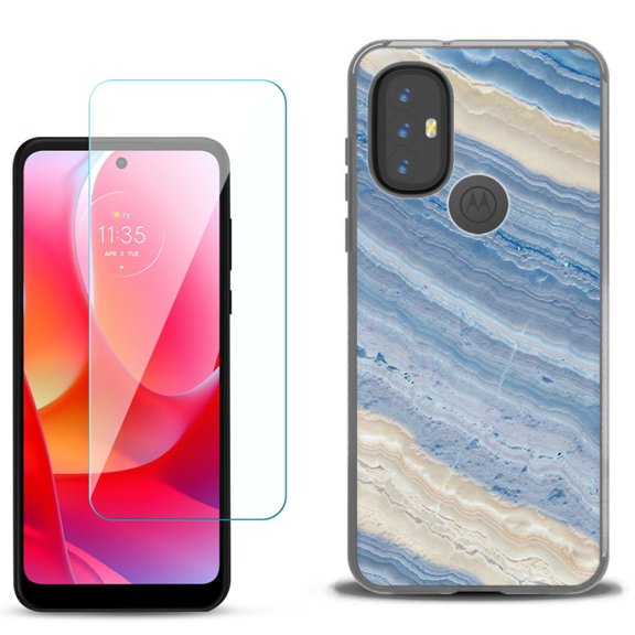 Slim-Fit Gel TPU Phone Case for Motorola Moto G Power 2022, with Tempered Glass Screen Protector, by OneToughShield ® - Marble/ Marina Blue