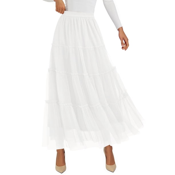 Falda PRETTYGARDEN de Tul para Mujer, Cintura Alta Elástica, Blanca