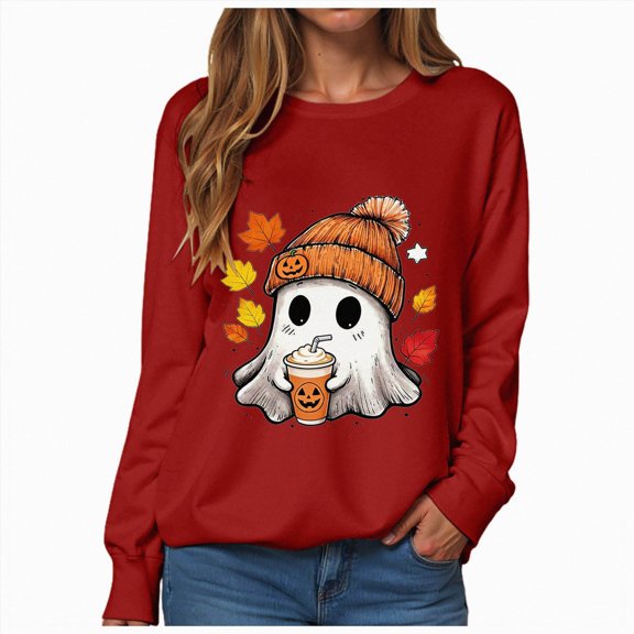 Enyan Womens Halloween Shirts Long Sleeve Pumpkin Shirts Funny Ghost Graphic Tee Fall Tops Womens Halloween Tshirt Red,S
