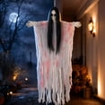 thumbnail image 6 of Pnmtdaia Halloween Scary Hanging Female Ghost Prop, Long Black Hair Creepy Specter with Glowing Dark Eyes, Tattered Torn Robe Spooky Hanging for Spooky House Yard Halloween Party Scene Layout, 6 of 6