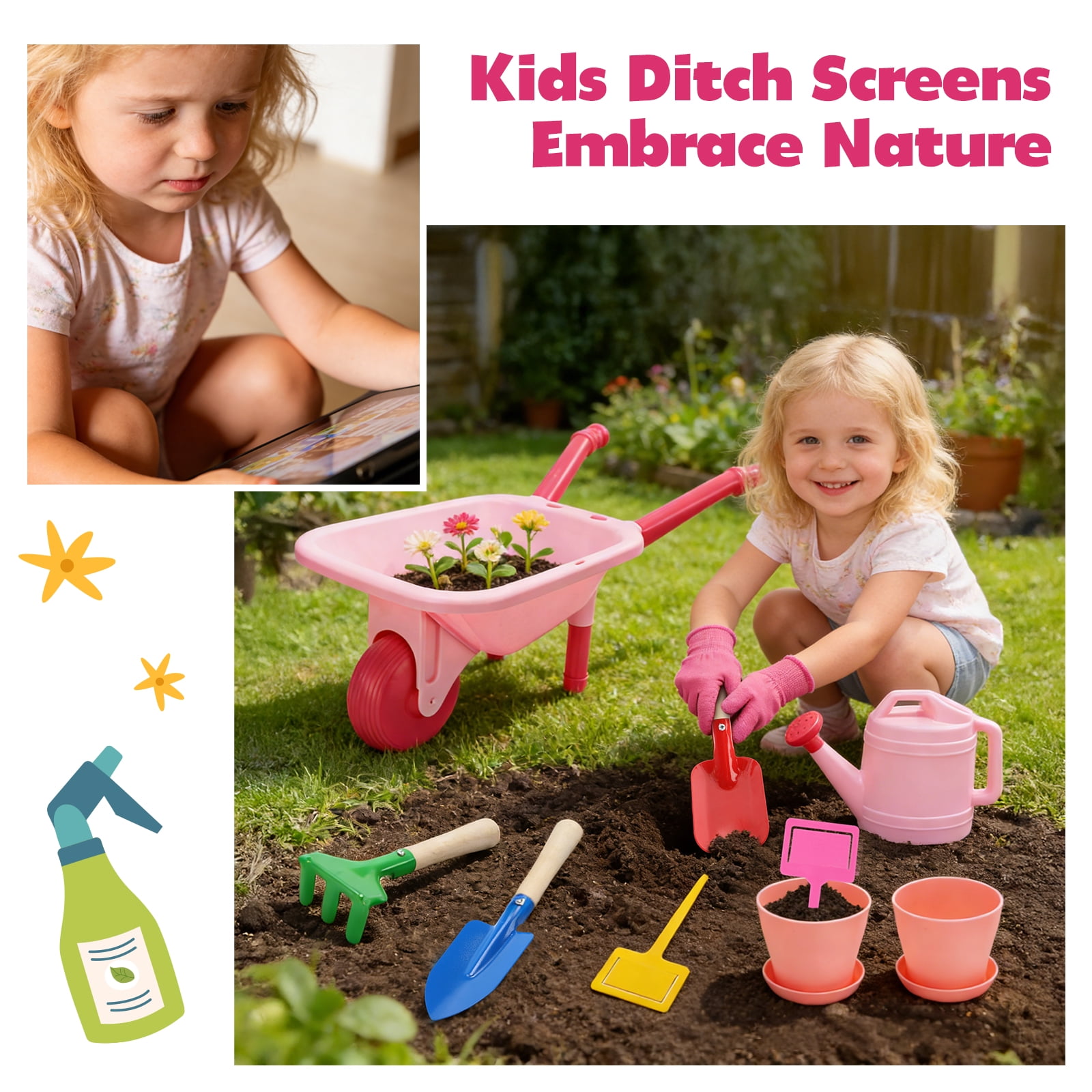 CUTE STONE Kids Gardening Tool Set, 13-Piece Pink Wheelbarrow Kit with Watering Can, Shovels, Rake, Gloves, Planters for Outdoor/Indoor Pretend Play, Toddlers Girls & Boys Age 3+
