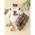 thumbnail image 3 of Wassery 3Pcs Infant Baby Girls Fall Outfit 3 6 9 12 18 Months Newborn Long Sleeve Romper Tops + Plaid Long Pants Headband Casual Pullover, 3 of 9