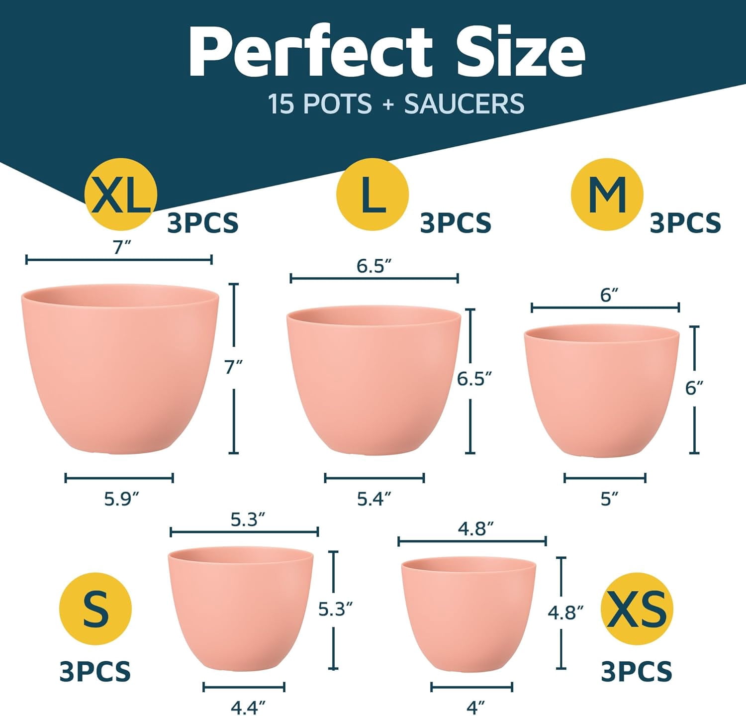 Pink Plant Pots with Drainage Holes & Saucers 15 Packs, Indoor & Outdoor Stackable Plastic Planters in Multiple Sizes for Houseplants & Flowers, Durable & Weatherproof Materials, Matte Finish