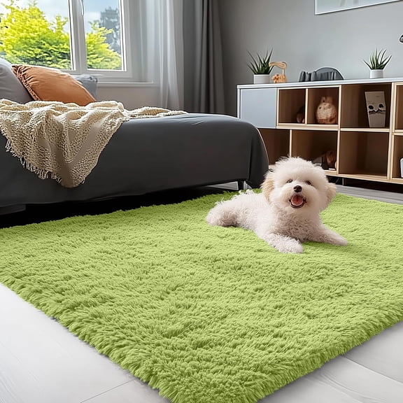 3x5 Washable Shaggy Rug Soft Fluffy Indoor Carpet for Living Room Bedroom Kids Girls Boys Nursery Home Decor Machine Washable Grass Green