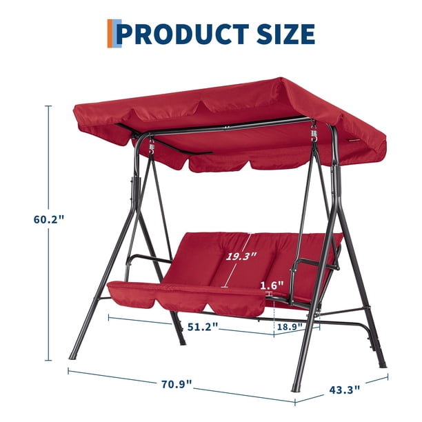 Columpio para patio exterior de 3 asientos con dosel ajustable, hamaca colgante con estructura resistente y tela transpirable, capacidad de 600 lbs, ideal para jardín