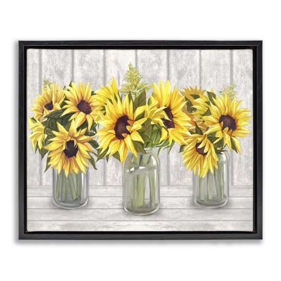 Stupell Industries French Country Three Sunflower Bouquets Country Planks Still Life Black Floating Frame Canvas Art, 31 x 25, by Ziwei Li