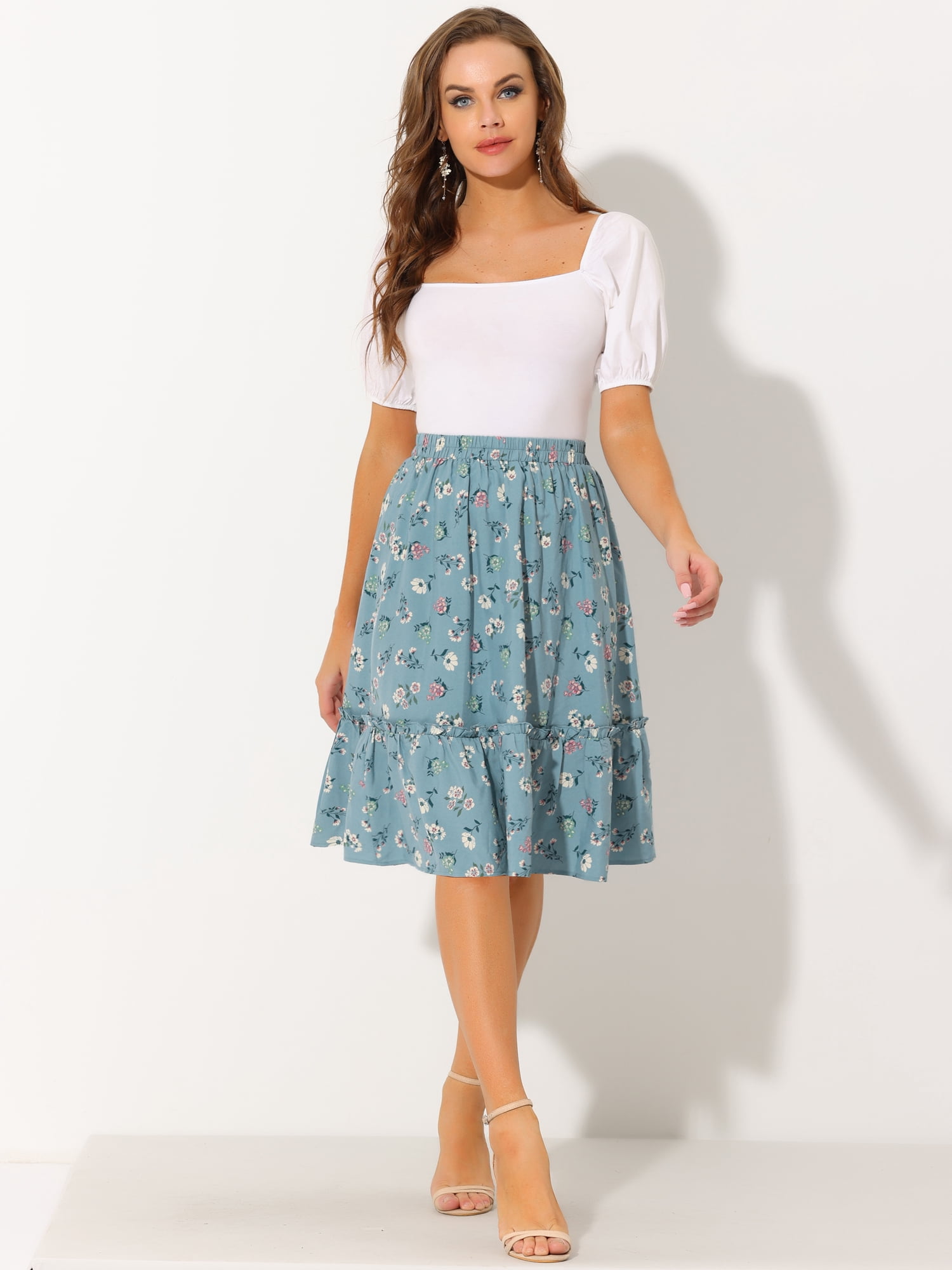 DARING DIVA Women's Flowy Ruffle Hem Tiered Floral Midi Skirt XS Dusty Blue