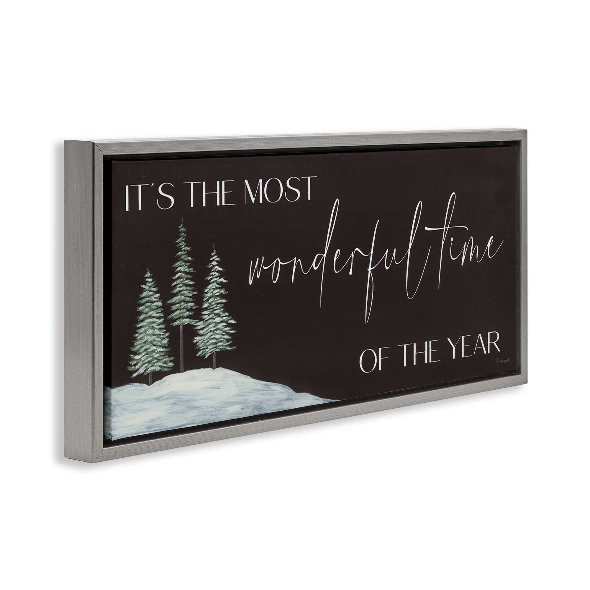 Stupell Industries Most Wonderful Time Holiday Phrase Inspirational Painting Gray Floater Framed Canvas Art Print Wall Art, 31 x 14