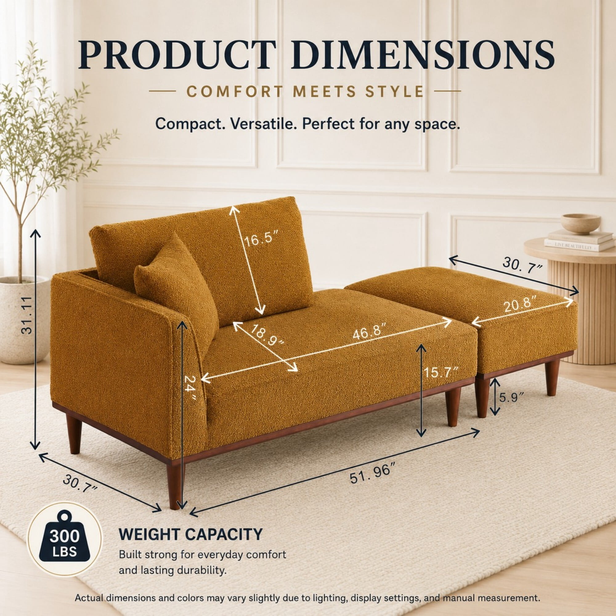 DEALTOPS Convertible Boucle Upholstered Chaise Lounge Chair with Ottoman for Living Room Bedroom, Ginger