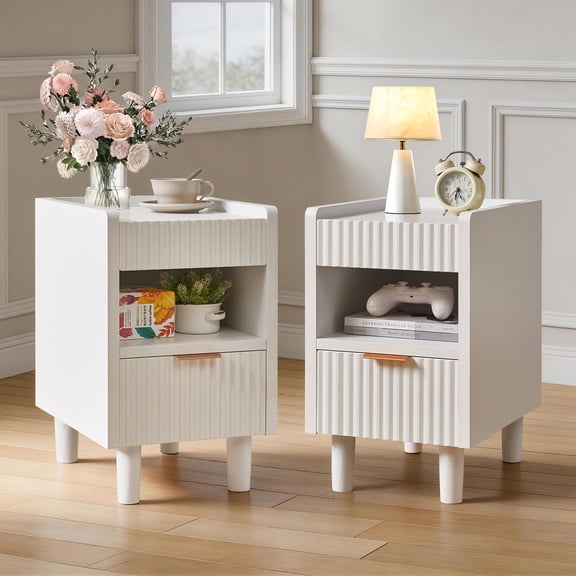Leumius Nightstands Set of 2 with Drawer and Open Storage,Modern Bedroom Bedside End Tables for Living Room Home Decor,White
