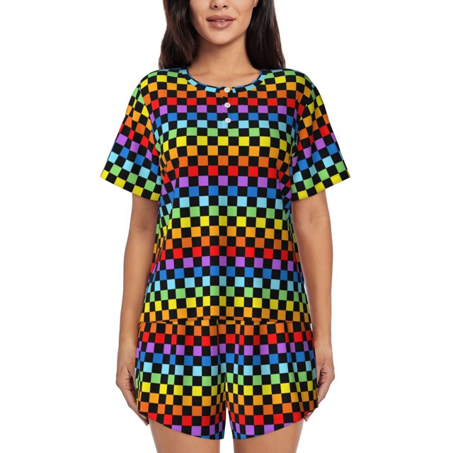 Fotbe Rainbow Chequerboard Conjunto de Pijama Estampado para Mujer, 2 Piezas, Ropa de Dormir con Camiseta de Manga Corta y Shorts Suaves-XX-Large