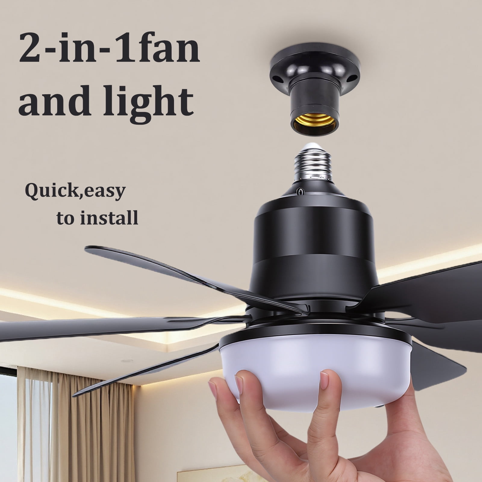 Socket Fan Light with Remote, 20.5in Small Ceiling Fan with 3-Speeds, Dimmable LED, E26/E27 Base, 6 Blades Light Socket Fan for Kitchen Bedroom
