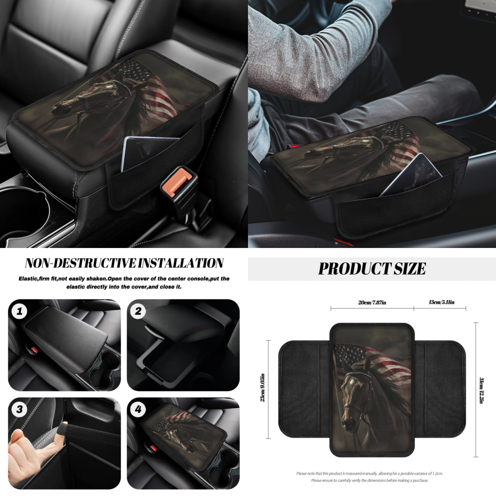Jeiento Horse Car Seat Cover Full Set of 14 Car Seat Protector Auto Steering Wheel Cover Seatbelt Pads Armrest Cushion American Flag Trash Can Rearview Mirror Cover Handbrake Cover Set Coasters