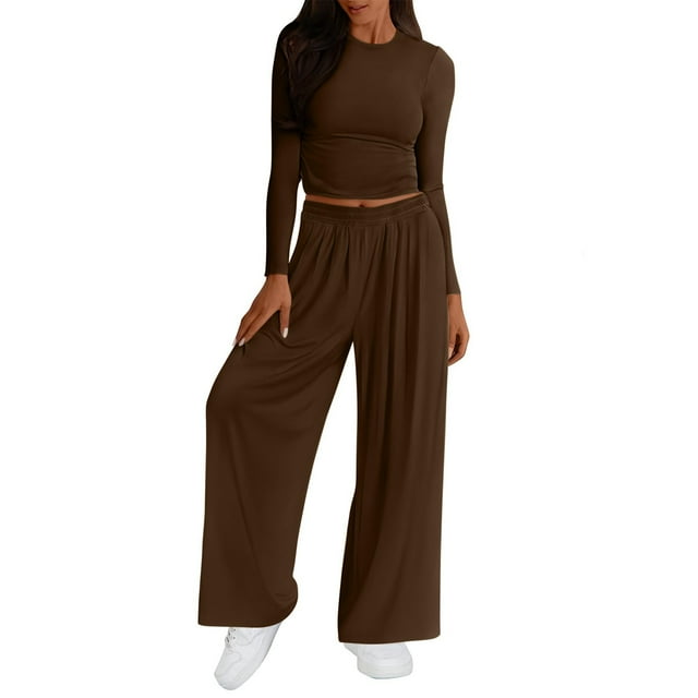 cfhntfmh Ensemble 2 Pcs pour Femmes Automne 2024 Haut Court à Manches Longues Col Rond Pantalon Grand Confortable Ensemble de Détente Survêtement