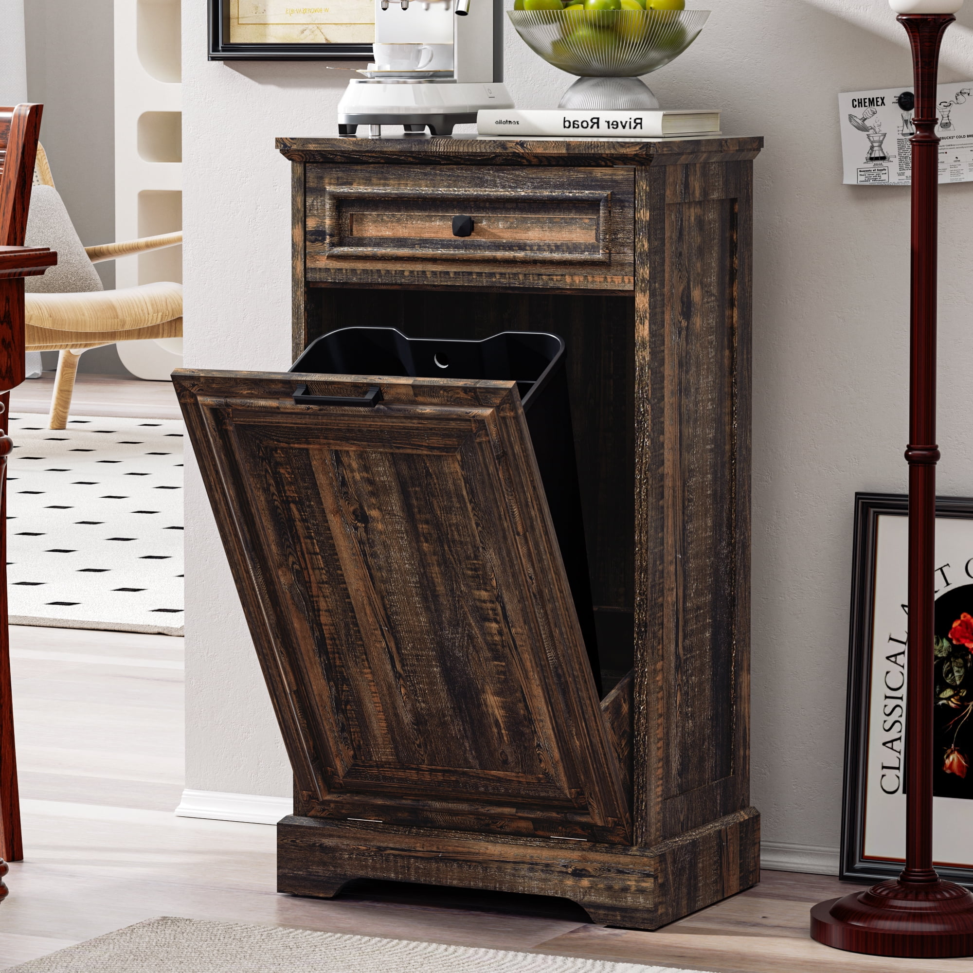HARIPUL 13 Gallon Tilt Out Trash Cabinet for Kitchen, Single Kitchen Trash Can Cabinet with Drawers, Dark Brown