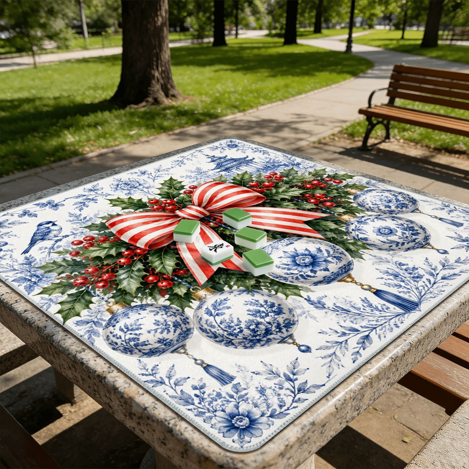 Mahjong Mat 31.5" x 31.5" Christmas Wreath Blue White Porcelain Ornaments Red Ribbon Non-Slip Noise Reduction American Mahjong Tiles Table Cover for Dominoes Poker Card Board Games Gift