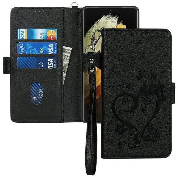 TECH CIRCLE for Samsung Galaxy S22 Ultra 6.8" Magnetic Clasp Case, PU Leather Flip Wallet Case with Cart Slot Kickstand & Wrist Strap Shockproof Protective Case for S22 Ultra Women Men, Black