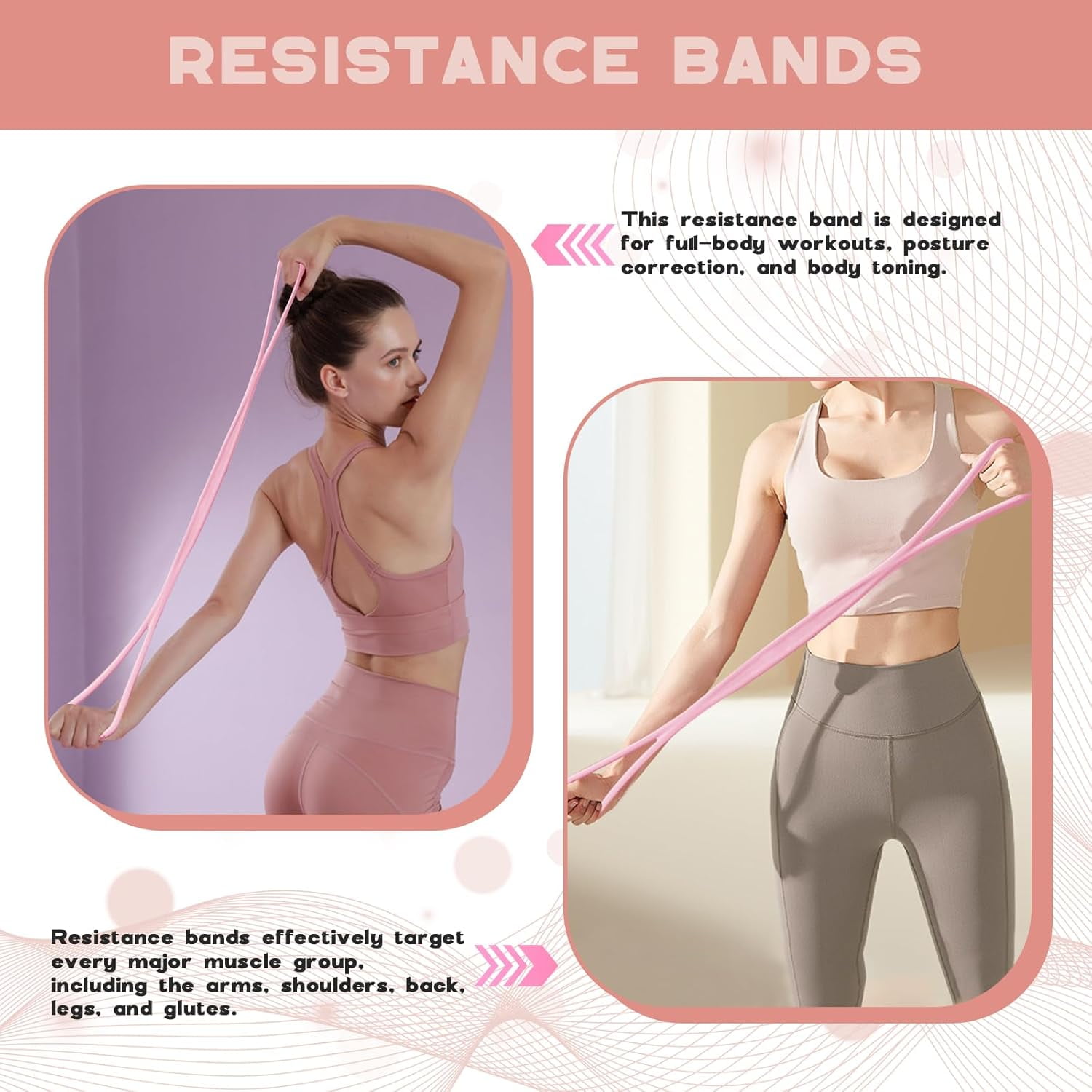 ABCISI 3 Pack Figure 8 Resistance Bands for Women, Arm Resistance Bands for Women, for Working Out, Arm, Back, Fullbody Yoga Pulling Rope, Elastic Stretch Bands (Pink 15lbs Blue 25lbs Grey 35lbs)
