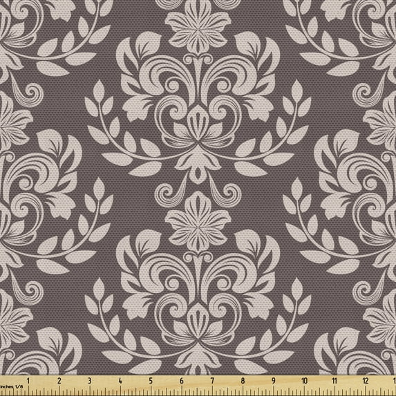 Damask Fabric by the Yard Upholstery, Monochrome Traditional Ornaments from Flowers and Leaves Motifs, Decorative Fabric for DIY and Home Accents, Dark Warm Taupe and Pale Tan by Ambesonne
