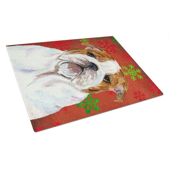 Carolines Treasures SS4691LCB Bulldog English Red and Green Snowflakes Holiday Christmas Glass Cutting Board Large, 12H