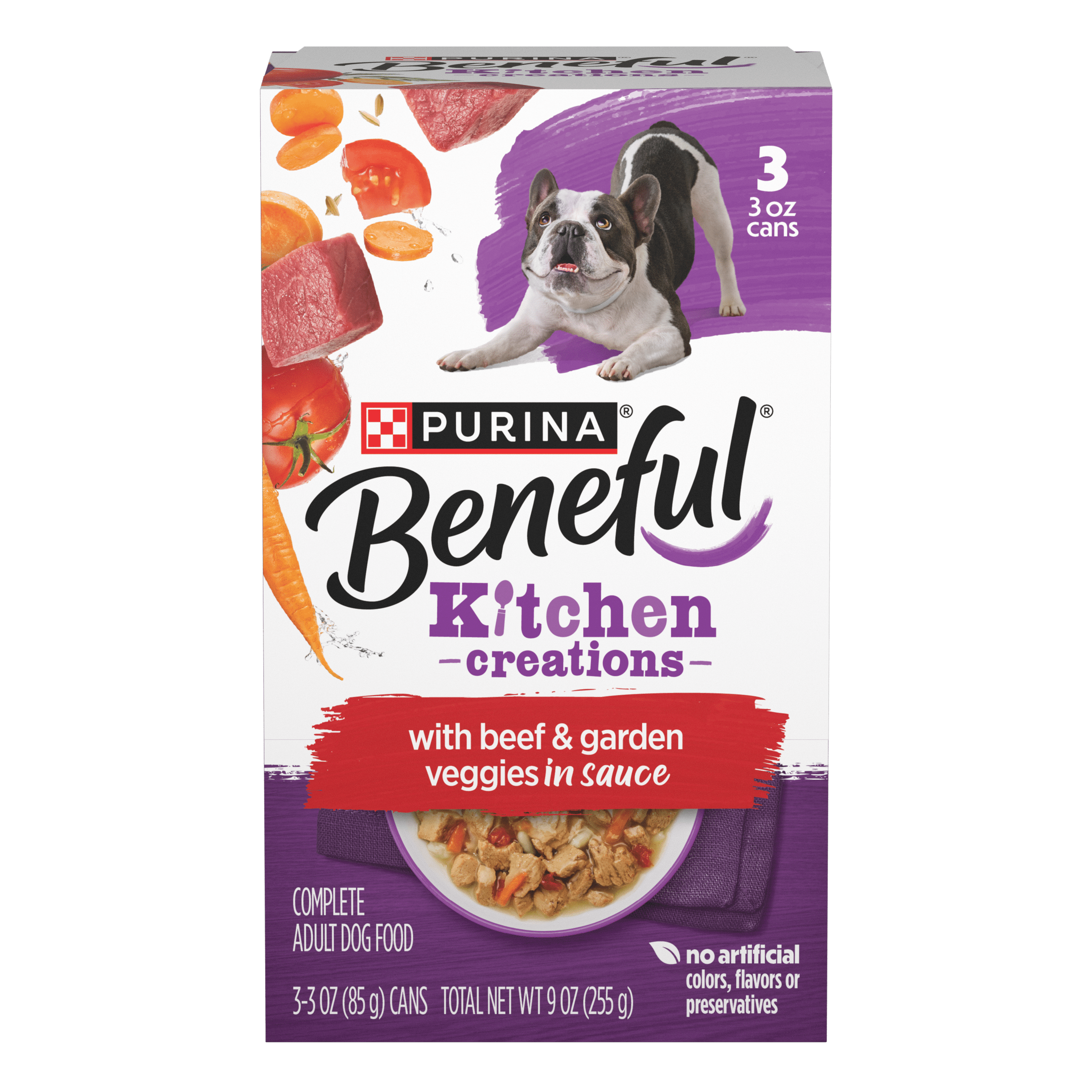 (4 pack) Purina Beneful Kitchen Creations With Beef and Garden Veggies in Sauce Wet Dog Food, 3 oz Cans (3 Pack)