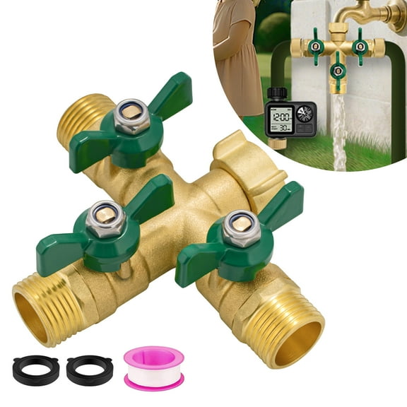 Garden Hose Splitter 3 Way, Heavy Duty 3-Way Brass Valve Garden Hose Splitter With Stainless Steel Long Handle, Full Flow Hose Splitter Connector, Valve 3/4 Inch GHT Thread