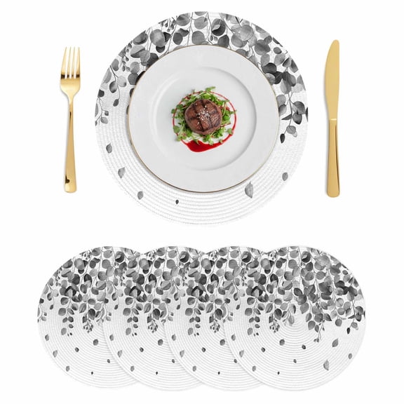 Gray Botanical Round 15 Inch Placemats Set of 4, Watercolor Spring Summer Eucalyptus Leaves HeatResistant Non Slip Place Mats for Dining Table, Wipeable Braided Kitchen Table Mats for Housewarming