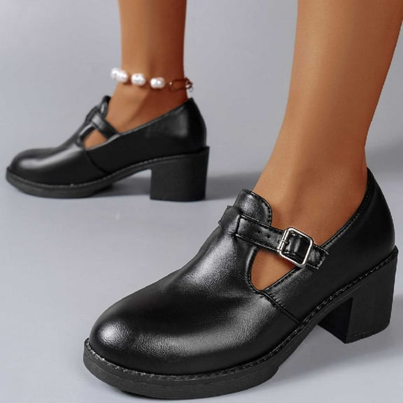 Jacenvly 2024 New Women's New Line Buckle Round Head British Style Thick Soled Heel Small Leather Shoes Black Sandals for Women
