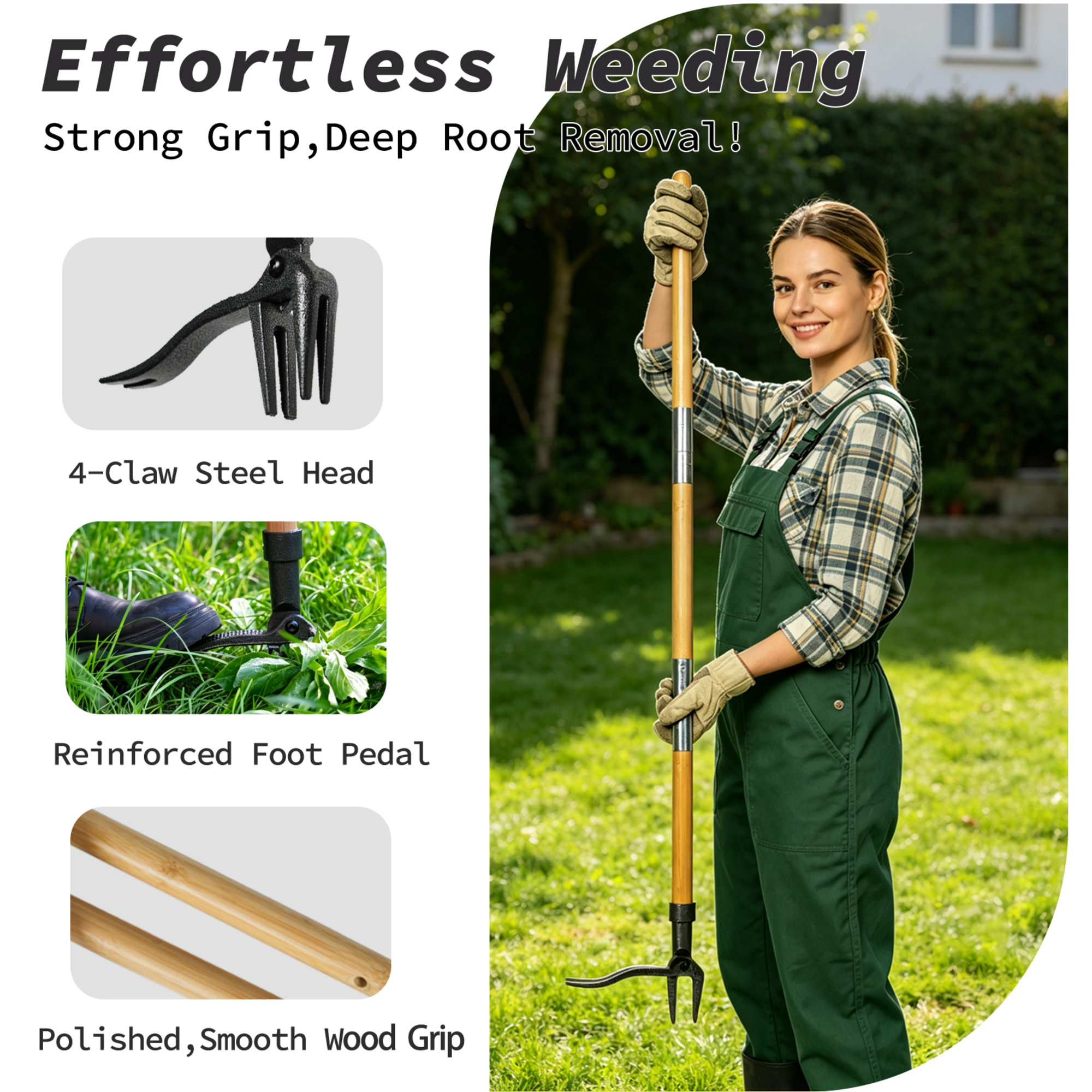 Ashfield & Harkness: Stand Up Weed Puller Tool - 44" Long, Bamboo Handle, 4-Claw Steel Head Root Remover, Step-In Foot Pedal, Lawn & Garden Accessory
