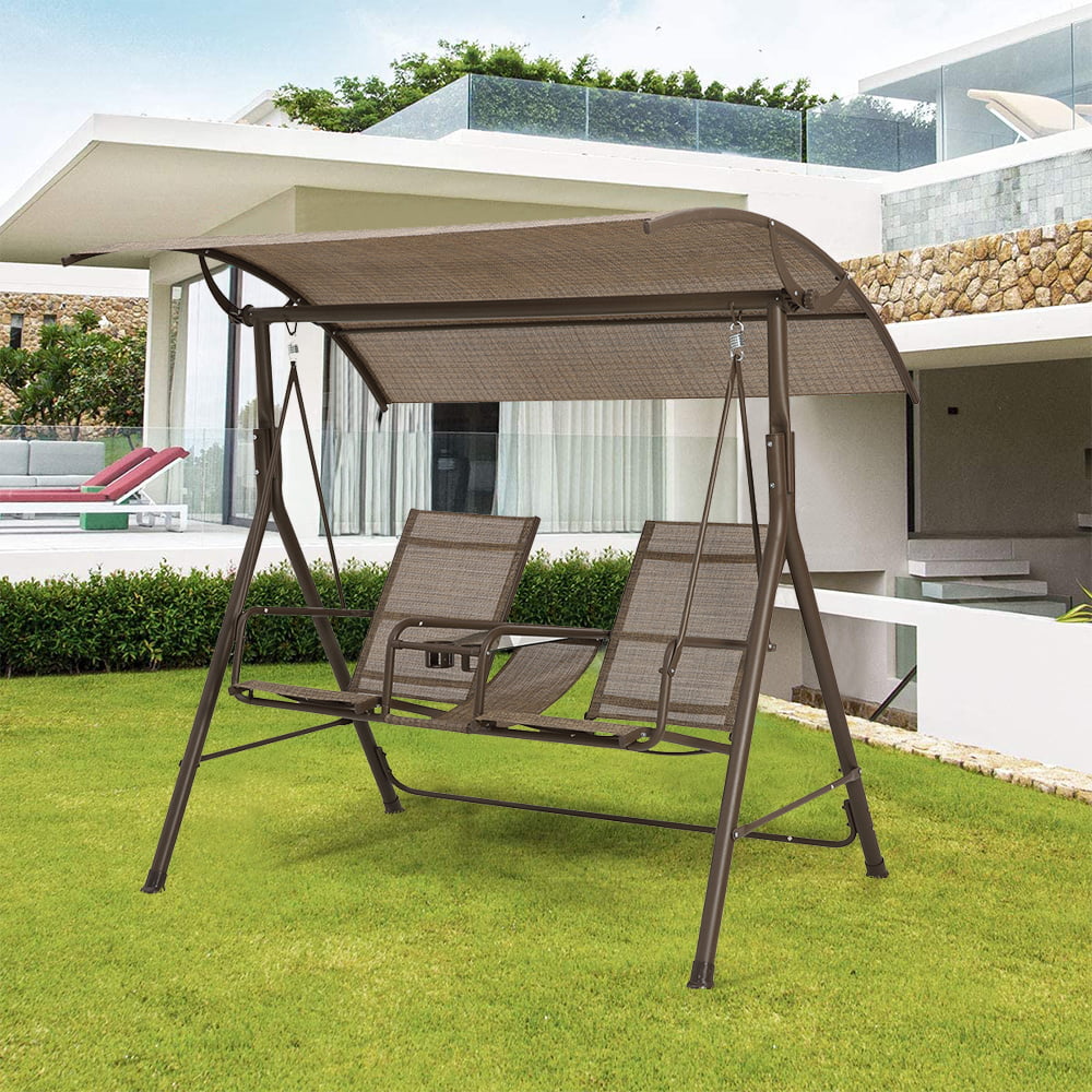 Porch Swinging Lounger Seater for Outdoor Indoor GYMAX Kids Patio Swing Chair 2 Seats Garden Swing Bench with Adjustable Canopy