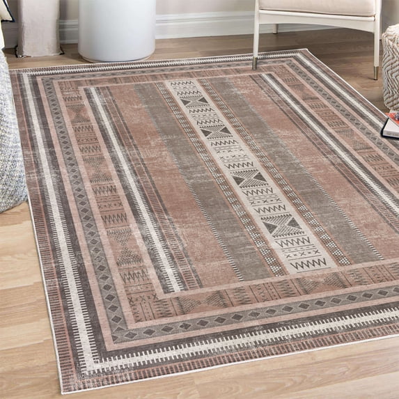 Tribal Area Rug with Non-Slip Backing, Traditional Folk Striped Look Design and Ethnic Geometric Shapes Triangles Print, Quality Carpet for Bedroom and Dorm Room, 6.6' X 9.6', Warm Taupe, by Ambesonne