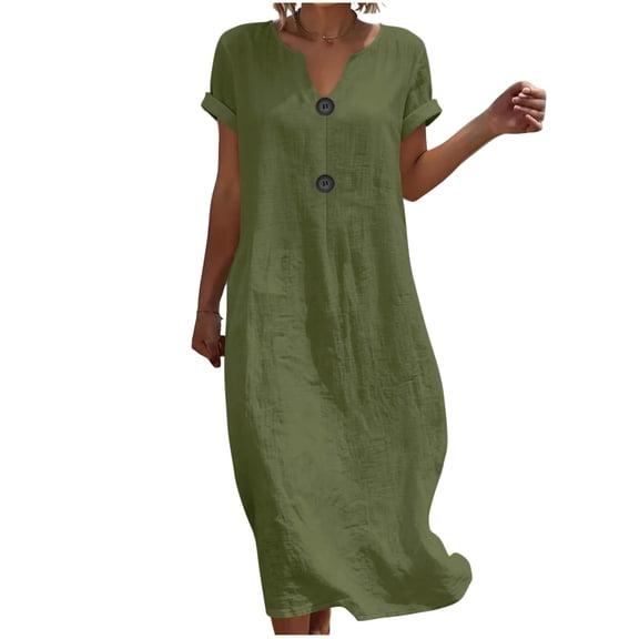 Yangnuo Women's Split Neck Short Sleeve Linen Blend Maxi Dress with Button Detail Army Green L