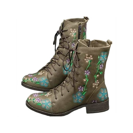 

SIMANLAN Ladies Mid-Calf Boots Embroidered Ankle Booties Round Toe Block Heel Boot Women Lace Up Winter Shoes Womens Side Zipper Green 5