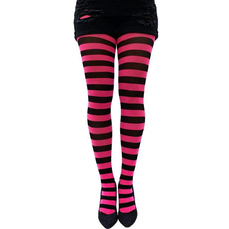 Pink Striped Tights for Women, Two Tones Opaque Pantyhose