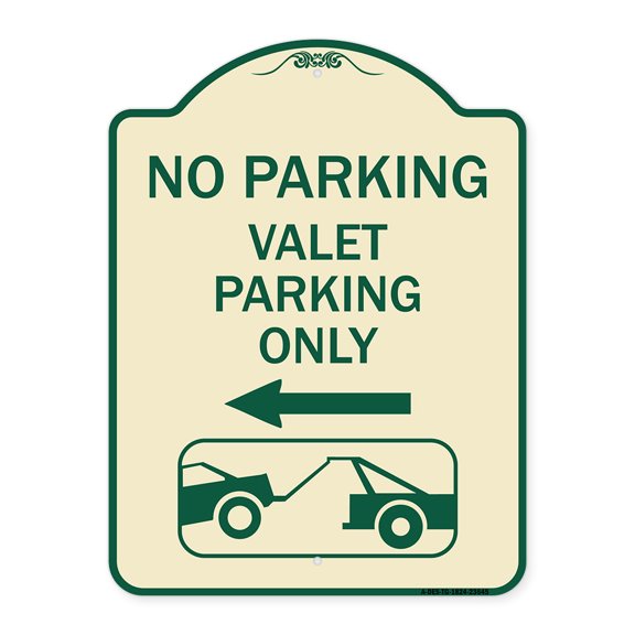 SignMission Designer Series Sign - No Parking Valet Parking Only (With Left Arrow) (With Car Tow Graphic) | Tan & Green 18" x 24" Heavy-Gauge Aluminum Architectural Sign | Made in the