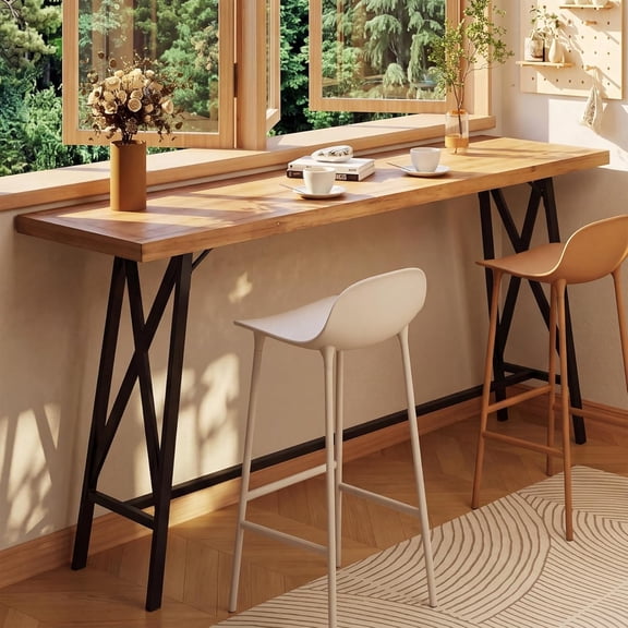Finmind 63" Solid Wood Bar Table, Counter Height Pub Table with Metal Footrest for Kitchen or Dining Room