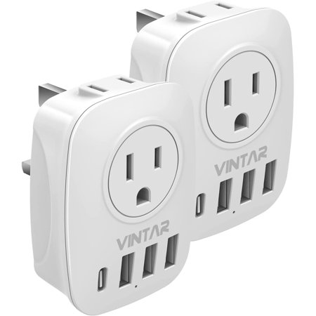 2-Pack UK Ireland Travel Plug Adapter, Type G Plug Adapter with 2 Outlets, 3 USB Ports and 1 USB-C,